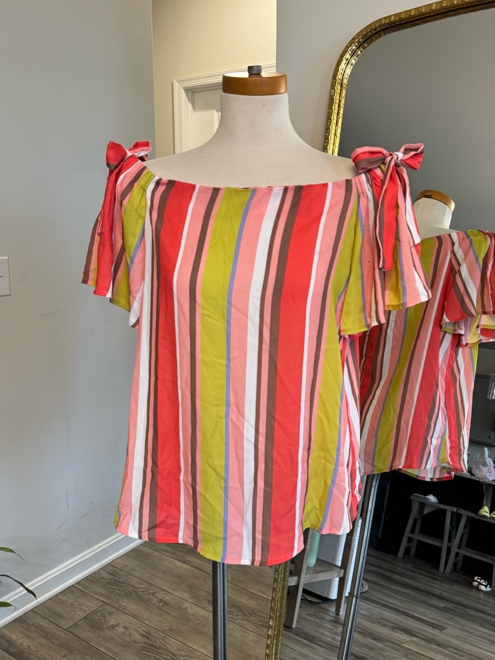 New York & Company Striped Off-Shoulder Tie-Sleeve Top in Coral, Lime & orange